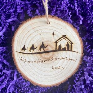 Natural Wood Holiday Ornament with Nativity Scene NEW made to order Jesus birth
